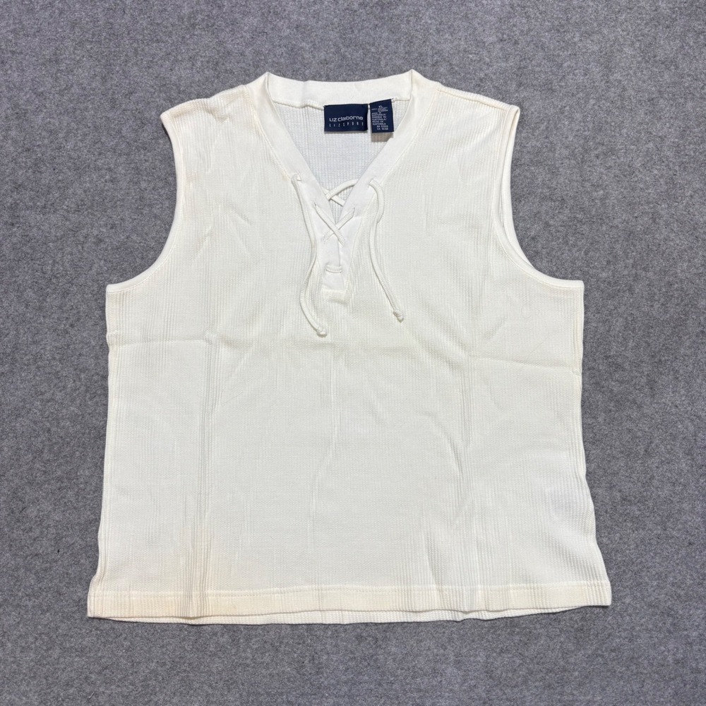 Liz Claiborne Lizsport Cream Waffle Knit Lace Up Tank Top XL Cotton Thermal